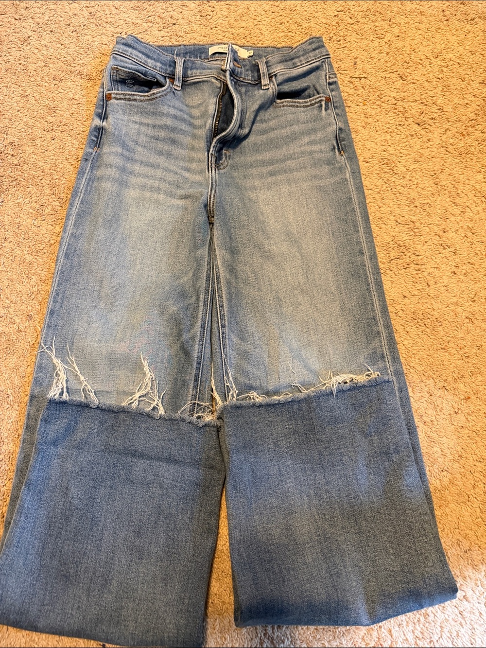 Light Blue Two-Tone Wide Leg Flare Jeans with Frayed Hem